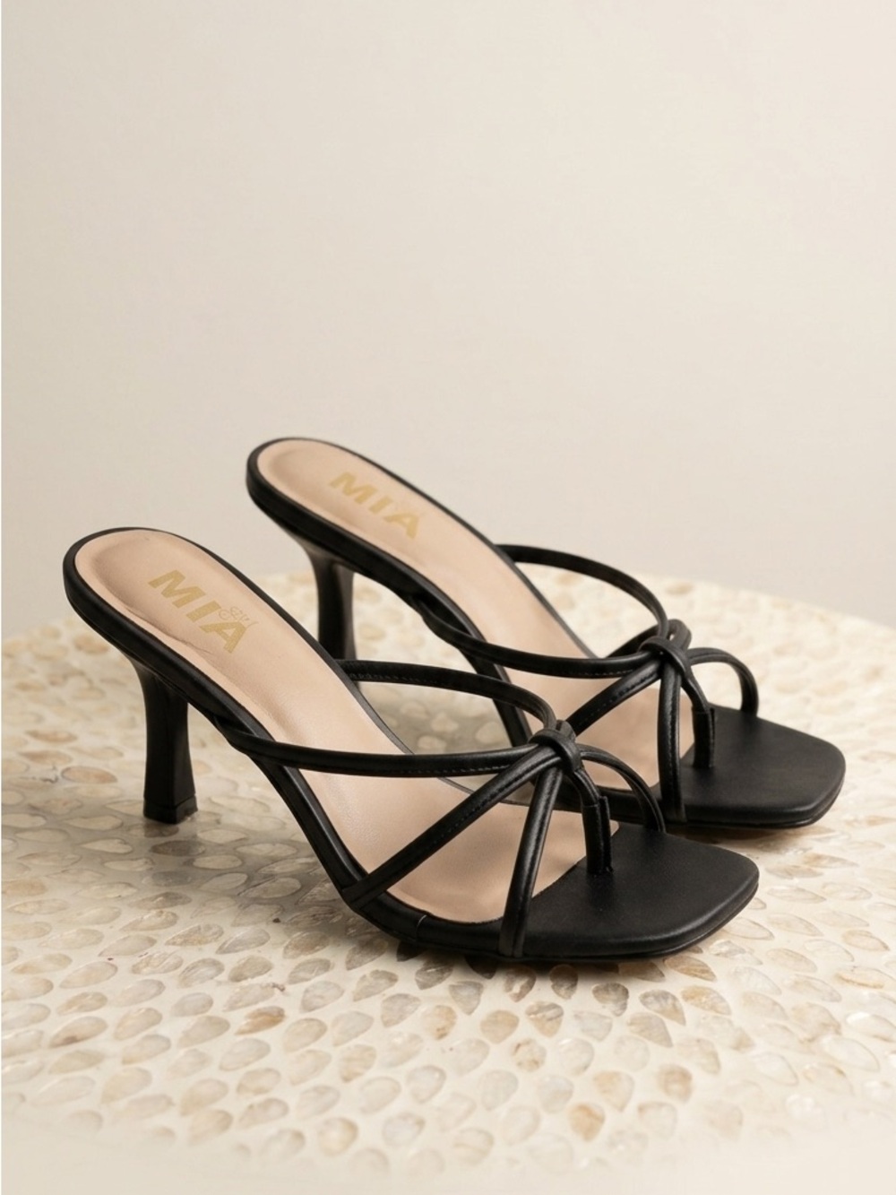 MIA Black Strappy Knot-Detail Mid-Heel Sandals